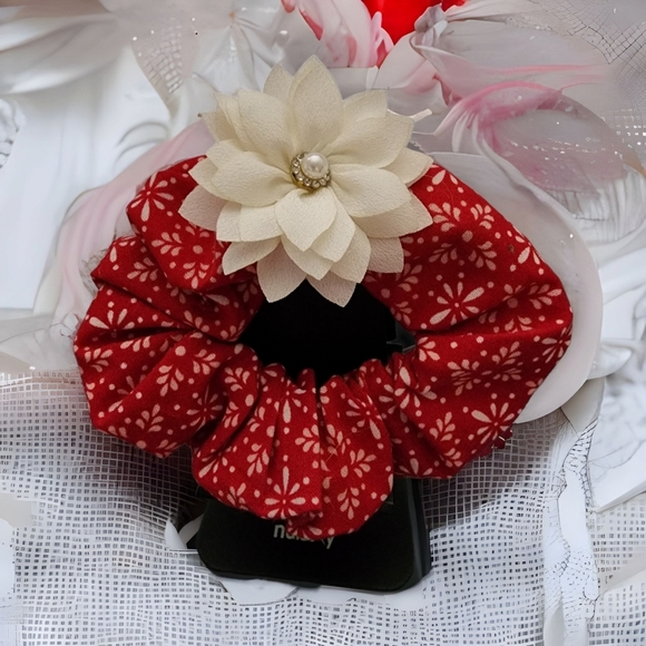 Red Floral Scrunchie with White Pearl Flower - Picture 3 of 9
